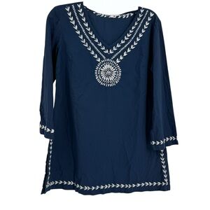 Pomegranate Blue Embroidered Cotton Tunic Top Size Small Boho V-Neck Longline